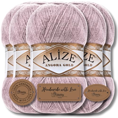Hobby YARN Alize 5x 100g Angora Gold Türkische Premium Wolle Dünne Mohair aus Schurwolle Babywolle als Strickgarn Handstrickgarn Einfarbig Uni Yarn (Rose Grey | 163) von Hobby YARN