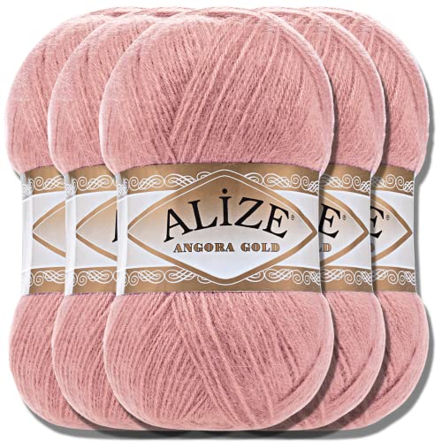 Hobby YARN Alize 5x 100g Angora Gold Türkische Premium Wolle Dünne Mohair aus Schurwolle Babywolle als Strickgarn Handstrickgarn Einfarbig Uni Yarn (Salmon Pink | 144) von Hobby YARN