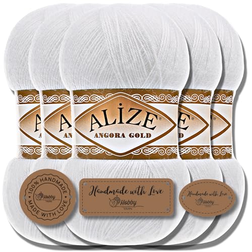 Hobby YARN Alize 5x 100g Angora Gold Türkische Premium Wolle Dünne Mohair aus Schurwolle Babywolle als Strickgarn Handstrickgarn Einfarbig Uni Yarn (White | 55) von Hobby YARN