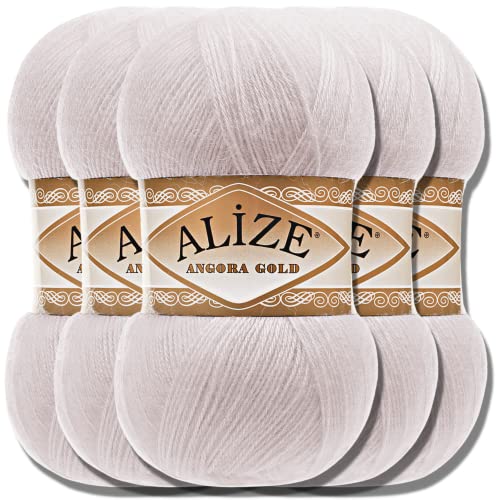 Hobby YARN Alize 5x 100g Angora Gold Türkische Premium Wolle Dünne Mohair aus Schurwolle Babywolle als Strickgarn Handstrickgarn Einfarbig Uni Yarn (Winter White | 168) von Hobby YARN