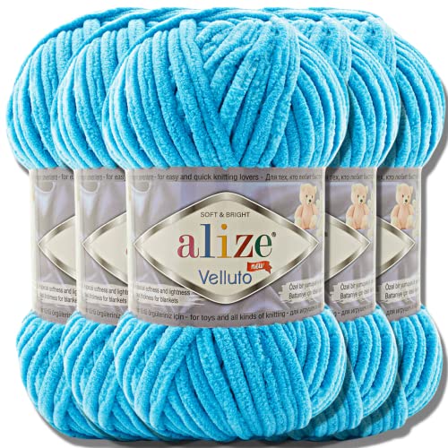 Alize Velluto 5x 100g Türkische Strickwolle super Bulky Wolle zum Häkeln Uni Farbe Babywolle Flauschgarn Filzwolle Kuschelwolle (Ocean | 16) von alize