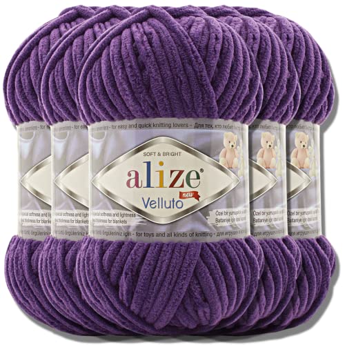 Hobby YARN Alize Velluto 5x 100g Türkische Strickwolle super Bulky Wolle zum Häkeln Uni Farbe Babywolle Flauschgarn Filzwolle Kuschelwolle (Purple | 44) von Hobby YARN