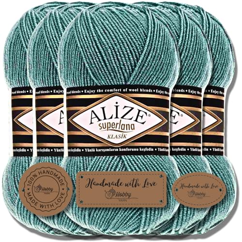 Hobby YARN Alize Superlana Klasik 5 x 100 g Türkische Premium Wolle Baumwolle und Acryl Uni Handstrickgarne Yarn Garn Strickgarn Baby zum Stricken Strickgarn (Azure | 164) von Hobby YARN