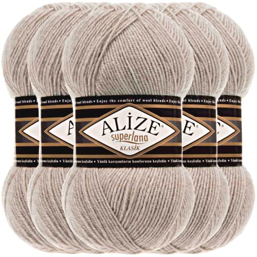 Hobby YARN Alize Superlana Klasik 5 x 100 g Türkische Premium Wolle Baumwolle und Acryl Uni Handstrickgarne Yarn Garn Strickgarn Baby zum Stricken Strickgarn (Beige Melange | 152) von Hobby YARN