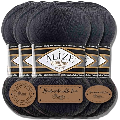 Hobby YARN Alize Superlana Klasik 5 x 100 g Türkische Premium Wolle Baumwolle und Acryl Uni Handstrickgarne Yarn Garn Strickgarn Baby zum Stricken Strickgarn (Black | 60) von Hobby YARN