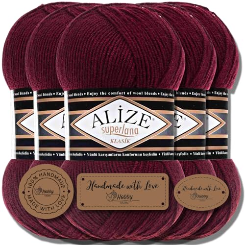 Hobby YARN Alize Superlana Klasik 5 x 100 g Türkische Premium Wolle Baumwolle und Acryl Uni Handstrickgarne Yarn Garn Strickgarn Baby zum Stricken Strickgarn (Bordeaux | 57) von Hobby YARN