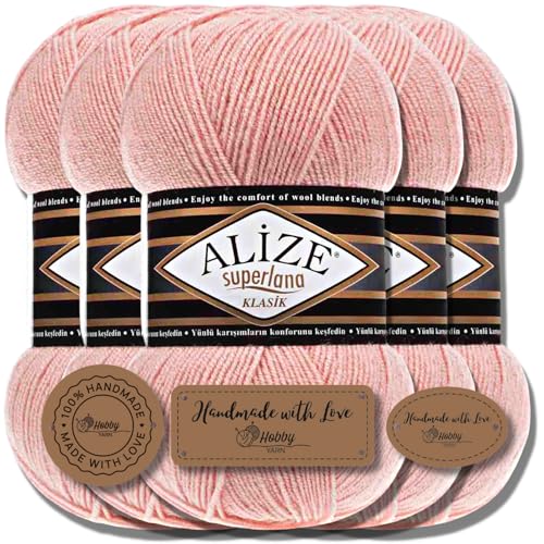 Hobby YARN Alize Superlana Klasik 5 x 100 g Türkische Premium Wolle Baumwolle und Acryl Uni Handstrickgarne Yarn Garn Strickgarn Baby zum Stricken Strickgarn (Champagne | 404) von Hobby YARN