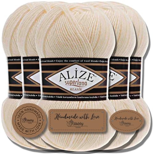 Hobby YARN Alize Superlana Klasik 5 x 100 g Türkische Premium Wolle Baumwolle und Acryl Uni Handstrickgarne Yarn Garn Strickgarn Baby zum Stricken Strickgarn (Cream | 1) von Hobby YARN