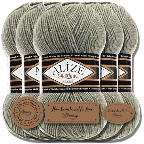 Hobby YARN Alize Superlana Klasik 5 x 100 g Türkische Premium Wolle Baumwolle und Acryl Uni Handstrickgarne Yarn Garn Strickgarn Baby zum Stricken Strickgarn (Green Almond | 138) von Hobby YARN