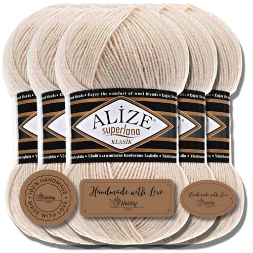 Hobby YARN Alize Superlana Klasik 5 x 100 g Türkische Premium Wolle Baumwolle und Acryl Uni Handstrickgarne Yarn Garn Strickgarn Baby zum Stricken Strickgarn (Honey | 310) von Hobby YARN