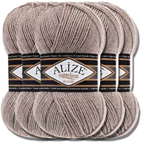 Hobby YARN Alize Superlana Klasik 5 x 100 g Türkische Premium Wolle Baumwolle und Acryl Uni Handstrickgarne Yarn Garn Strickgarn Baby zum Stricken Strickgarn (Light Brown Melange | 207) von Hobby YARN