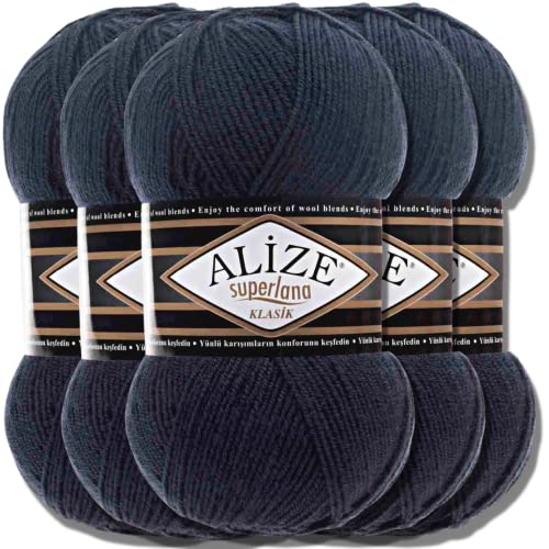 Hobby YARN Alize Superlana Klasik 5 x 100 g Türkische Premium Wolle Baumwolle und Acryl Uni Handstrickgarne Yarn Garn Strickgarn Baby zum Stricken Strickgarn (Navy | 58) von Hobby YARN