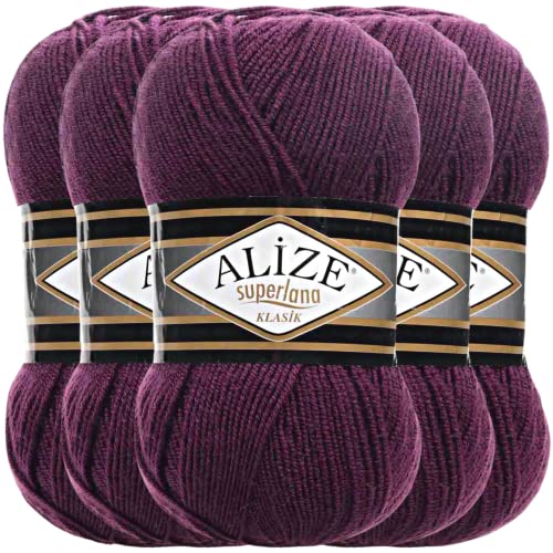 Hobby YARN Alize Superlana Klasik 5 x 100 g Türkische Premium Wolle Baumwolle und Acryl Uni Handstrickgarne Yarn Garn Strickgarn Baby zum Stricken Strickgarn (Plum | 111) von Hobby YARN