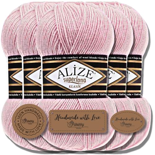 Hobby YARN Alize Superlana Klasik 5 x 100 g Türkische Premium Wolle Baumwolle und Acryl Uni Handstrickgarne Yarn Garn Strickgarn Baby zum Stricken Strickgarn (Powder | 161) von Hobby YARN