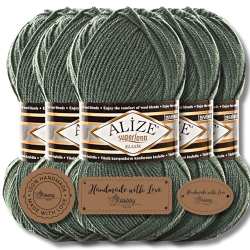 Hobby YARN Alize Superlana Klasik 5 x 100 g Türkische Premium Wolle Baumwolle und Acryl Uni Handstrickgarne Yarn Garn Strickgarn Baby zum Stricken Strickgarn (Smoke Pine | 469) von Hobby YARN