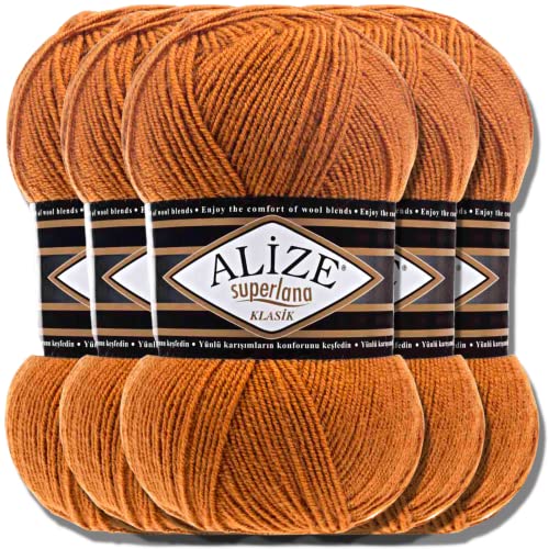 Hobby YARN Alize Superlana Klasik 5 x 100 g Türkische Premium Wolle Baumwolle und Acryl Uni Handstrickgarne Yarn Garn Strickgarn Baby zum Stricken Strickgarn (Spice | 234) von Hobby YARN