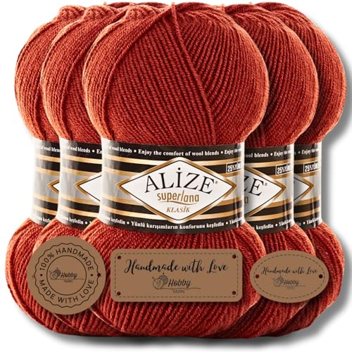 Hobby YARN Alize Superlana Klasik 5 x 100 g Türkische Premium Wolle Baumwolle und Acryl Uni Handstrickgarne Yarn Garn Strickgarn Baby zum Stricken Strickgarn (Terra | 36) von Hobby YARN