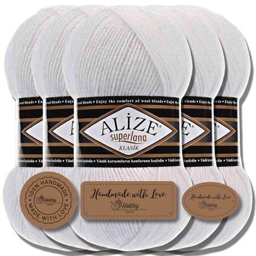 Hobby YARN Alize Superlana Klasik 5 x 100 g Türkische Premium Wolle Baumwolle und Acryl Uni Handstrickgarne Yarn Garn Strickgarn Baby zum Stricken Strickgarn (White | 55) von Hobby YARN