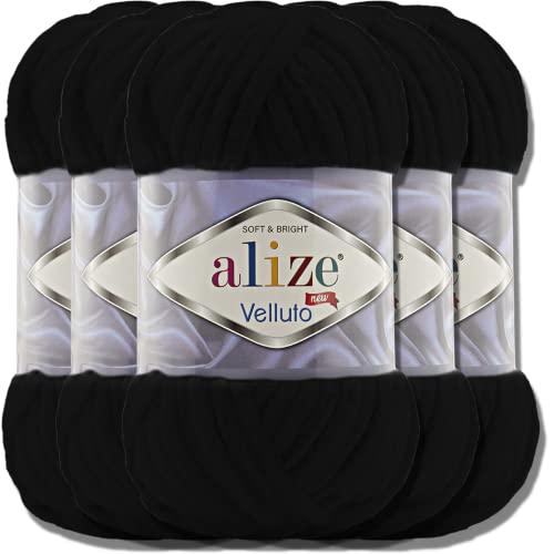 Hobby YARN Alize Velluto 5x 100g Türkische Strickwolle super Bulky Wolle zum Häkeln Uni Farbe Babywolle Flauschgarn Filzwolle Kuschelwolle (Black | 60) von Hobby YARN