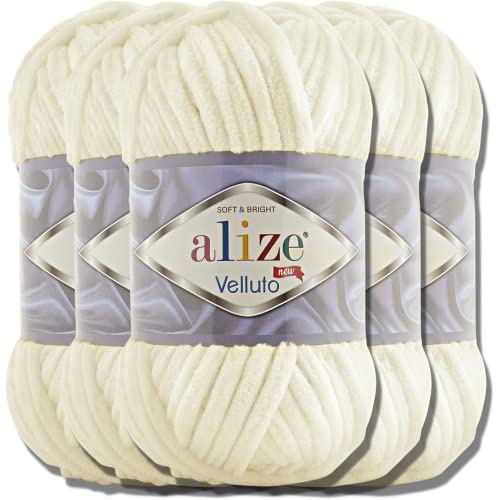 5 x 100 Gramm Alize Velluto Türkische Wolle Super Bulky XXL für Amigurumi weiche Babywolle zum Häkeln und Stricken (Leichte Creme - 62) von alize