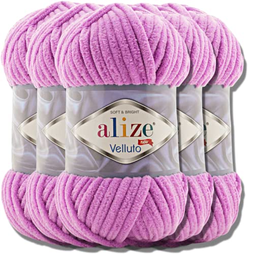 Hobby YARN Alize Velluto 5x 100g Türkische Strickwolle super Bulky Wolle zum Häkeln Uni Farbe Babywolle Flauschgarn Filzwolle Kuschelwolle (Orchid | 378) von Hobby YARN