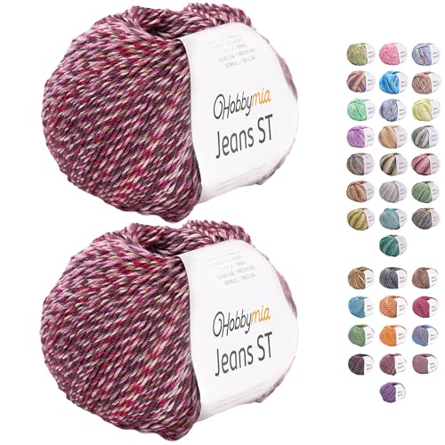 HobbyMia Jeans ST Mehrfarbiges Baumwollgarn zum Stricken und Häkeln, 55 % Baumwolle, 45 % Acryl, (2) Sport, feines Gewicht für Amigurumi (Granatapfel und Rosa, 2 Knäuel) von HobbyMia