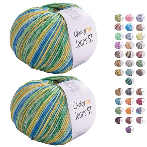 HobbyMia Jeans ST Mehrfarbiges Baumwollgarn zum Stricken und Häkeln, 55 % Baumwolle, 45 % Acryl, (2) Sport, feines Gewicht für Amigurumi (Grün und Blau, 2 Knäuel) von HobbyMia
