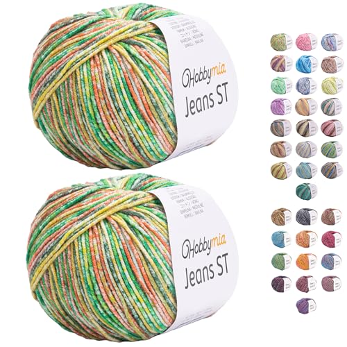HobbyMia Jeans ST Mehrfarbiges Baumwollgarn zum Stricken und Häkeln, 55 % Baumwolle, 45 % Acryl, (2) Sport, feines Gewicht für Amigurumi (Grün und Gelb, 2 Knäuel) von HobbyMia