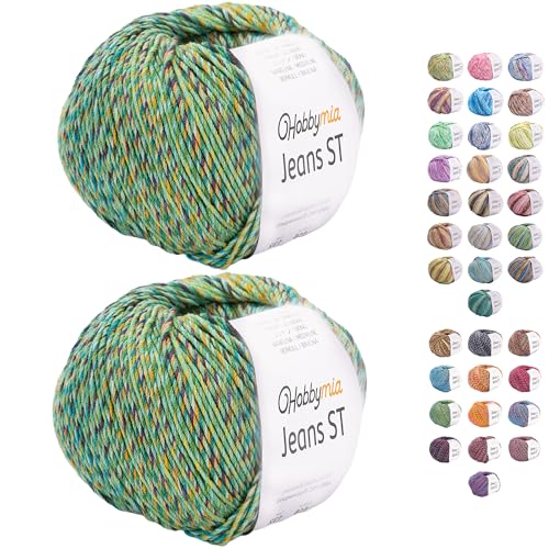 HobbyMia Jeans ST Mehrfarbiges Baumwollgarn zum Stricken und Häkeln, 55 % Baumwolle, 45 % Acryl, (2) Sport, feines Gewicht für Amigurumi (Grün und Gelb, 2 Knäuel) von HobbyMia