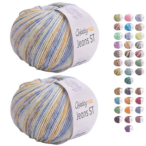 HobbyMia Jeans ST Mehrfarbiges Baumwollgarn zum Stricken und Häkeln, 55 % Baumwolle, 45 % Acryl, (2) Sport, feines Gewicht für Amigurumi (Hellblau und Weiß, 2 Knäuel) von HobbyMia