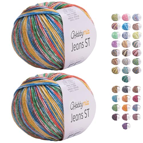 HobbyMia Jeans ST Mehrfarbiges Baumwollgarn zum Stricken und Häkeln, 55 % Baumwolle, 45 % Acryl, (2) Sport, feines Gewicht für Amigurumi (Pre-Orange und Grün, 2 Knäuel) von HobbyMia