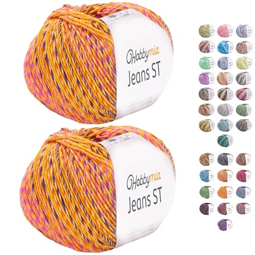 HobbyMia Jeans ST Mehrfarbiges Baumwollgarn zum Stricken und Häkeln, 55 % Baumwolle, 45 % Acryl, (2) Sport, feines Gewicht für Amigurumi (Pre-Orange und Pink, 2 Knäuel) von HobbyMia