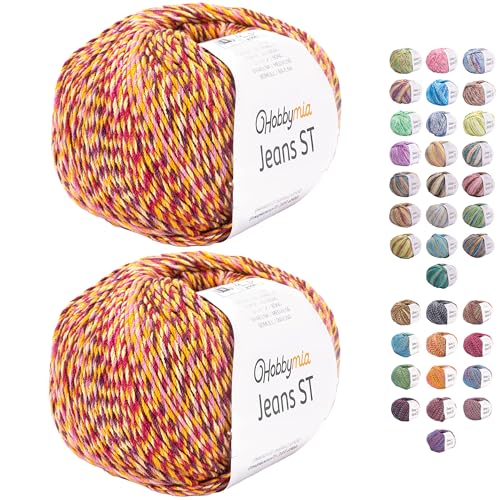 HobbyMia Jeans ST Mehrfarbiges Baumwollgarn zum Stricken und Häkeln, 55 % Baumwolle, 45 % Acryl, (2) Sport, feines Gewicht für Amigurumi (Pre-Orange und Rot, 2 Knäuel) von HobbyMia