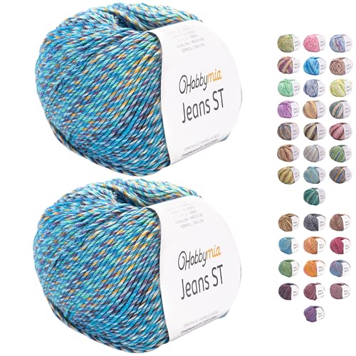 HobbyMia Jeans ST Mehrfarbiges Baumwollgarn zum Stricken und Häkeln, 55 % Baumwolle, 45 % Acryl, (2) Sport, feines Gewicht für Amigurumi (Vorblau und Gelb, 2 Knäuel) von HobbyMia