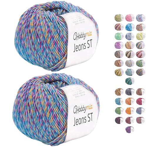 HobbyMia Jeans ST Mehrfarbiges Baumwollgarn zum Stricken und Häkeln, 55 % Baumwolle, 45 % Acryl, (2) Sport, feines Gewicht für Amigurumi (Vorblau und Lila, 2 Knäuel) von HobbyMia