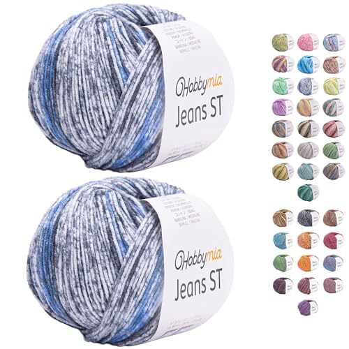 HobbyMia Jeans ST Mehrfarbiges Baumwollgarn zum Stricken und Häkeln, 55 % Baumwolle, 45 % Acryl, (2) Sport, feines Gewicht für Amigurumi (Vorgrau und Blau, 2 Knäuel) von HobbyMia