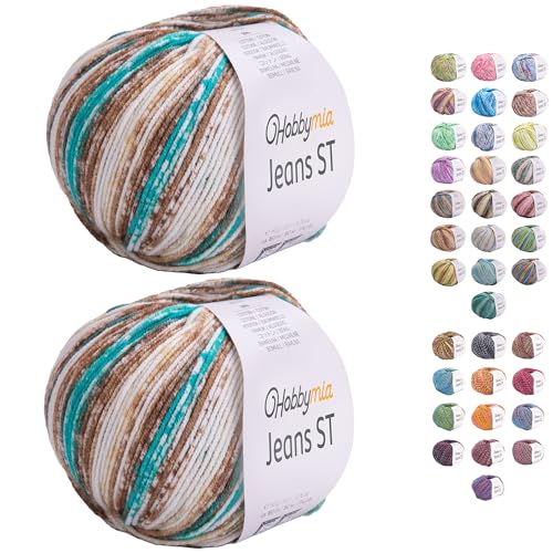 HobbyMia Jeans ST Mehrfarbiges Baumwollgarn zum Stricken und Häkeln, 55 % Baumwolle, 45 % Acryl, (2) Sport, feines Gewicht für Amigurumi (Vorweiß und Braun, 2 Knäuel) von HobbyMia