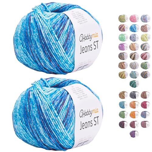HobbyMia Jeans ST Mehrfarbiges Baumwollgarn zum Stricken und Häkeln, 55 % Baumwolle, 45 % Acryl, (2) Sport, feines Gewicht für Amigurumi (marineblau und weiß, 2 Knäuel) von HobbyMia