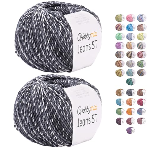 HobbyMia Jeans ST Mehrfarbiges Baumwollgarn zum Stricken und Häkeln, 55 % Baumwolle, 45 % Acryl, (2) Sport, feines Gewicht für Amigurumi (vorschwarz und weiß, 2 Knäuel) von HobbyMia