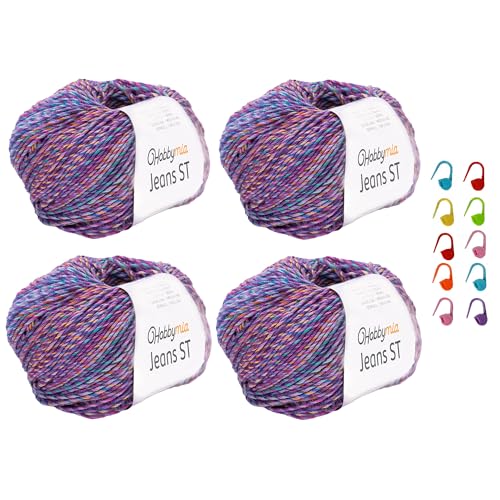 HobbyMia Jeans ST Mehrfarbiges Baumwollgarn zum Stricken und Häkeln, 55 % Baumwolle, 45 % Acryl und 10 Maschenmarkierer (2) Sport, feines Gewicht (lila und gelb, 4 Knäuel) von HobbyMia