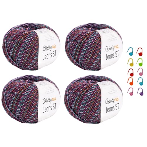 HobbyMia Jeans ST Mehrfarbiges Baumwollgarn zum Stricken und Häkeln, 55 % Baumwolle, 45 % Acryl und 10 Maschenmarkierer (2) Sport, feines Gewicht (vortiefes Lila und Cyan, 4 Knäuel) von HobbyMia