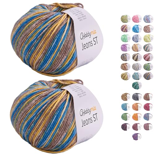 HobbyMia Jeans ST Mehrfarbiges Baumwollgarn zum Stricken und Häkeln – 55 % Baumwolle, 45 % Acryl – (2) Sport, feines Gewicht für Amigurumi (Senf und Braun, 2 Knäuel) von HobbyMia