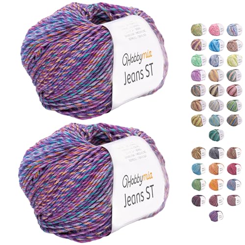 HobbyMia Jeans ST Mehrfarbiges Baumwollgarn zum Stricken und Häkeln – 55 % Baumwolle, 45 % Acryl – (2) Sport, feines Gewicht für Amigurumi (lilafarben und gelb, 2 Knäuel) von HobbyMia