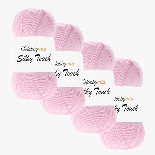 HobbyMia Silky Touch-Häkelgarn, 100 % Mikrofaser-Acryl, (2) Sport Feingewicht, seidiger Effekt, Garn zum Handstricken, Rosa, Pastellrosa, 4 Knäuel) von HobbyMia