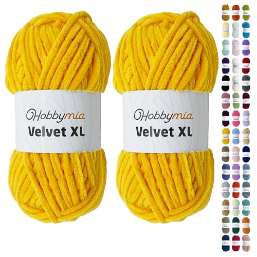 HobbyMia Velvet XL - Chenille-Garn zum Häkeln - 100 g / 74yds - (6) Super Bulky Garn - Flauschiges Garn zum Häkeln - Häkeln Babydecken (14216 - Bienengelb, 2 Knäuel) von HobbyMia