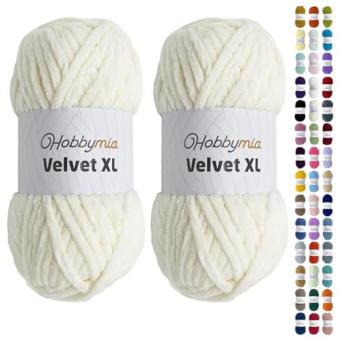 HobbyMia Velvet XL - Chenille-Garn zum Häkeln - 100 g / 74yds - (6) Super Bulky Garn - Flauschiges Garn zum Häkeln - Häkeln Babydecken (1462 - Eierschale, 2 Knäuel) von HobbyMia