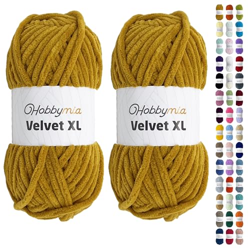 HobbyMia Velvet XL - Chenille-Garn zum Häkeln - 100g/74yds - (6) Super Bulky Garn - Flauschiges Garn zum Häkeln - Häkeln Babydecken (142 - Senf, 2 Knäuel) von HobbyMia