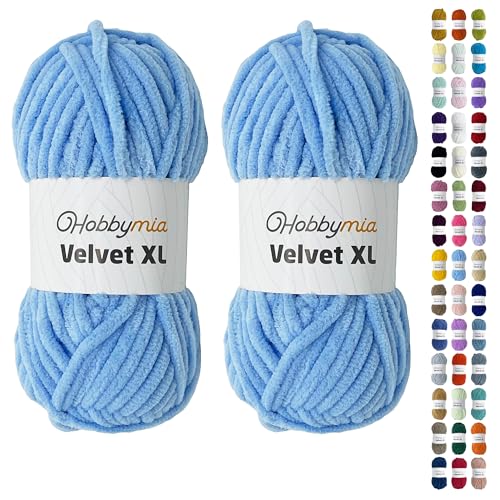 HobbyMia Velvet XL - Chenille-Garn zum Häkeln - 100g/74yds - (6) Super Bulky Garn - Flauschiges Garn zum Häkeln - Häkeln Babydecken (14218 - Wolkenblau, 2 Knäuel) von HobbyMia