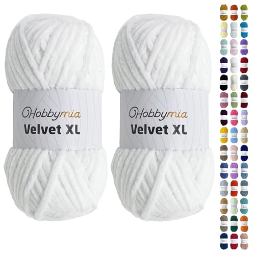 HobbyMia Velvet XL - Chenille-Garn zum Häkeln - 100g/74yds - (6) Super Bulky Garn - Flauschiges Garn zum Häkeln - Häkeln Babydecken (1455 - Weiß, 2 Knäuel) von HobbyMia