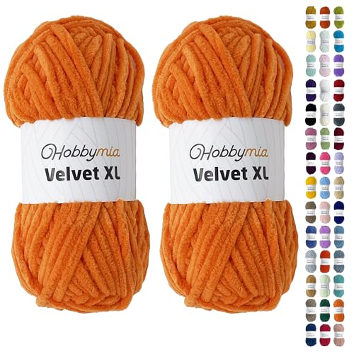 HobbyMia Velvet XL - Chenille-Garn zum Häkeln - 100g/74yds - (6) Super Bulky Garn - Flauschiges Garn zum Häkeln - Häkeln Babydecken (14550 - Mango Orange, 2 Knäuel) von HobbyMia